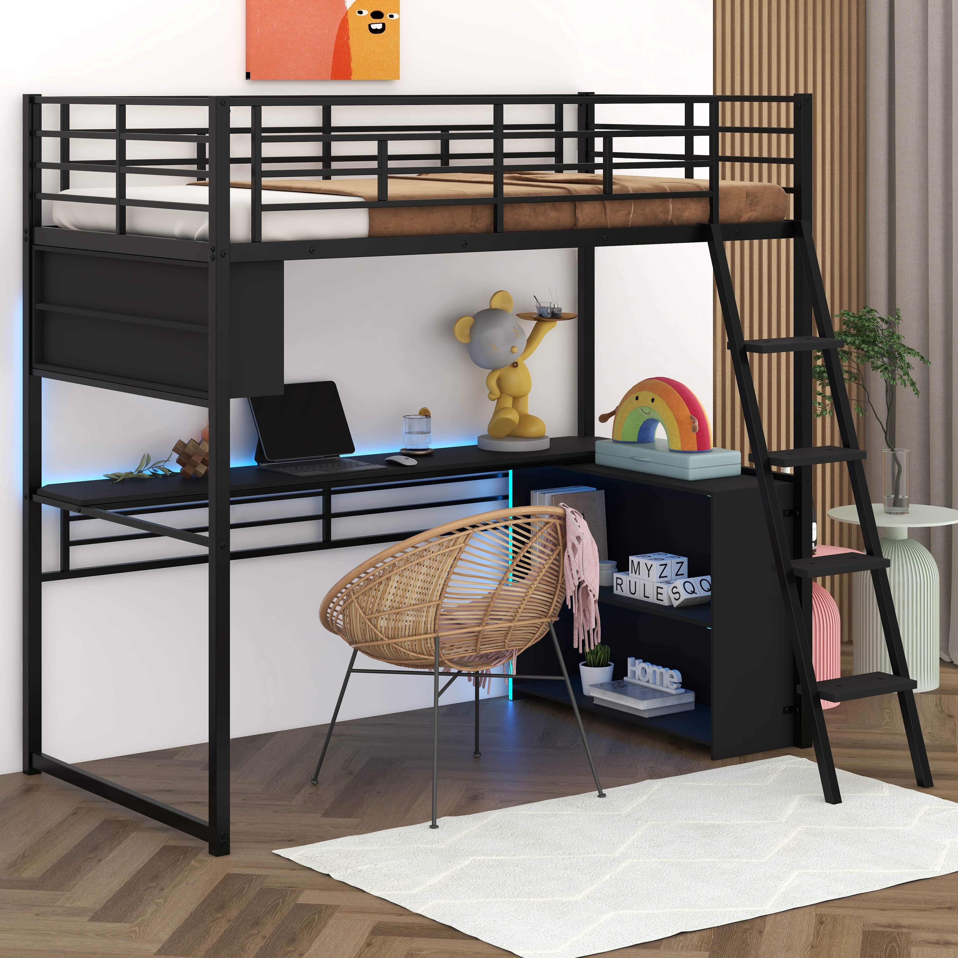 BEBPILOO Full Size Metal Loft Bed with LED, Desk and 4 Storage Shelves ...