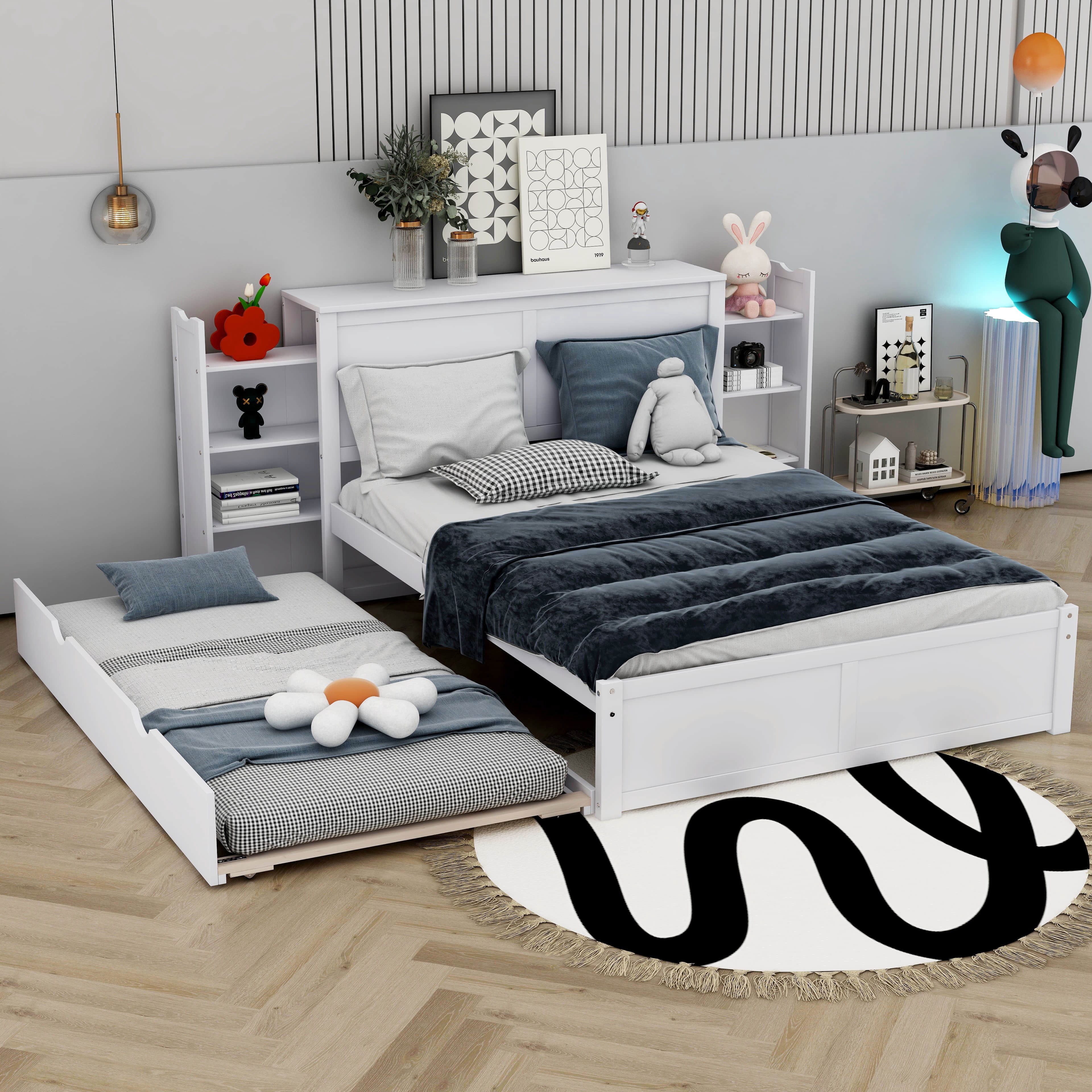 Full Size White Storage Platform Bed with Trundle