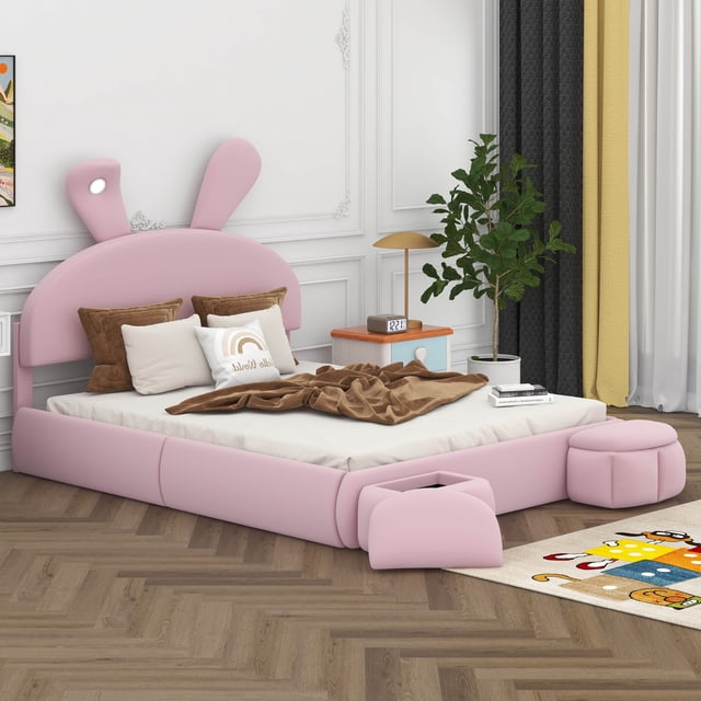 Full Size Upholstered Platform Bed with Cartoon Ears Shaped Headboard, White