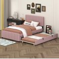 thumbnail image 1 of BEBPILOO Full Size Velvet Upholstered Platform Bed with Twin Size Trundle, Pink, 1 of 12