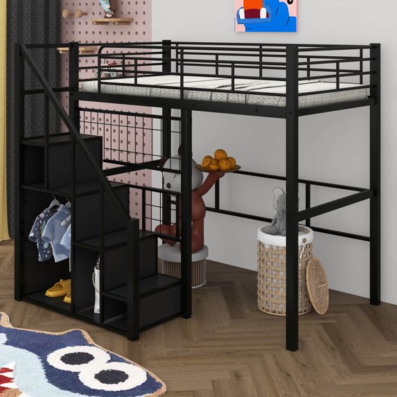 BEBPILOO Metal Twin Size Loft Bed with Storage Staircase and Small Wardrobe, Black
