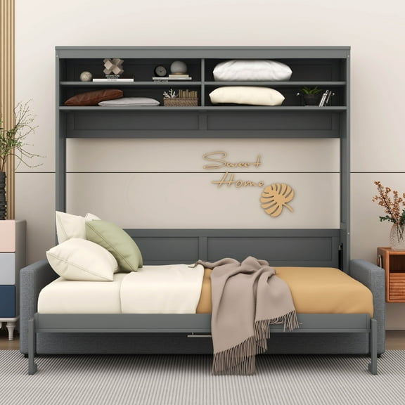 BEBPILOO Queen Size Murphy Bed Wall Bed with Sofa,Gray