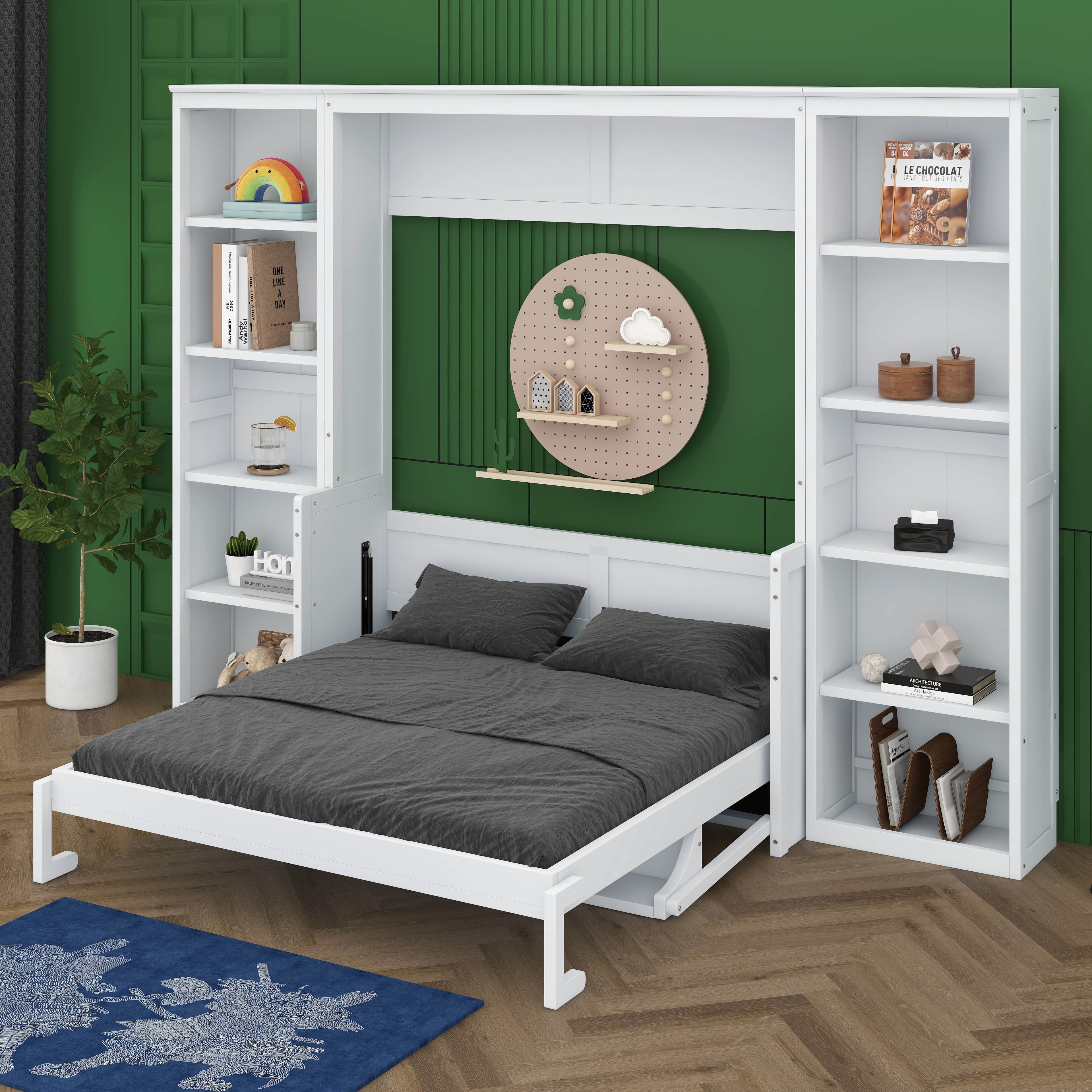 BEBPILOO Queen Size Murphy Bed with Desk and Bookshelf, White - Walmart.com