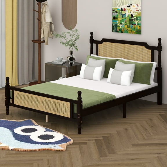 BEBPILOO Queen Size Pine Wood Platform Bed with Rattan Headboard and Footboard, Espresso