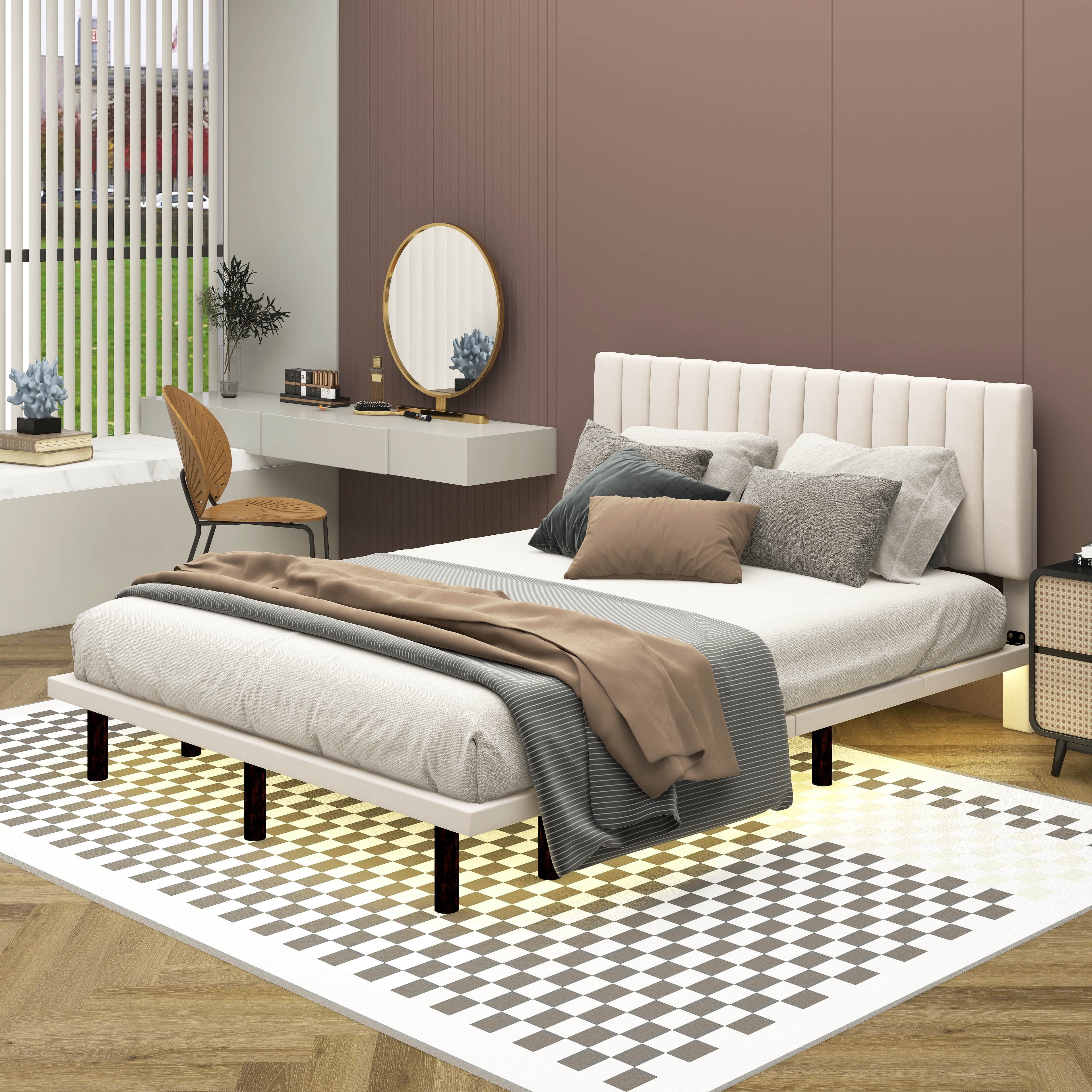 BEBPILOO Queen Size Upholstered Bed with Sensor Light and Headboard ...