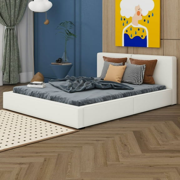 BEBPILOO Queen Size Upholstered Platform Bed with Velvet Fabric, Grounded Bed with Solid Frame, Beige