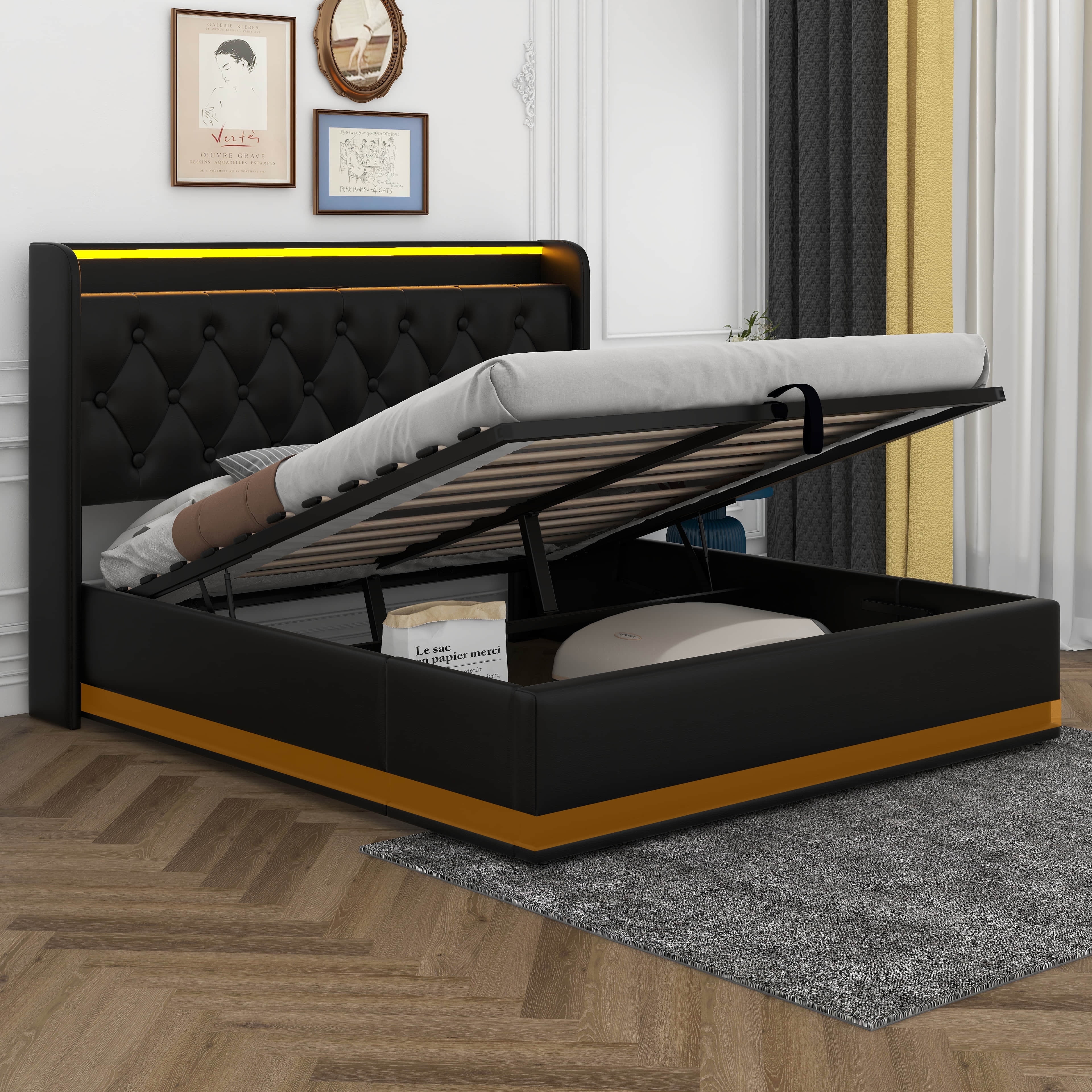 BEBPILOO Queen Size Upholstered bed, 360 Surround LED function, Buttons ...
