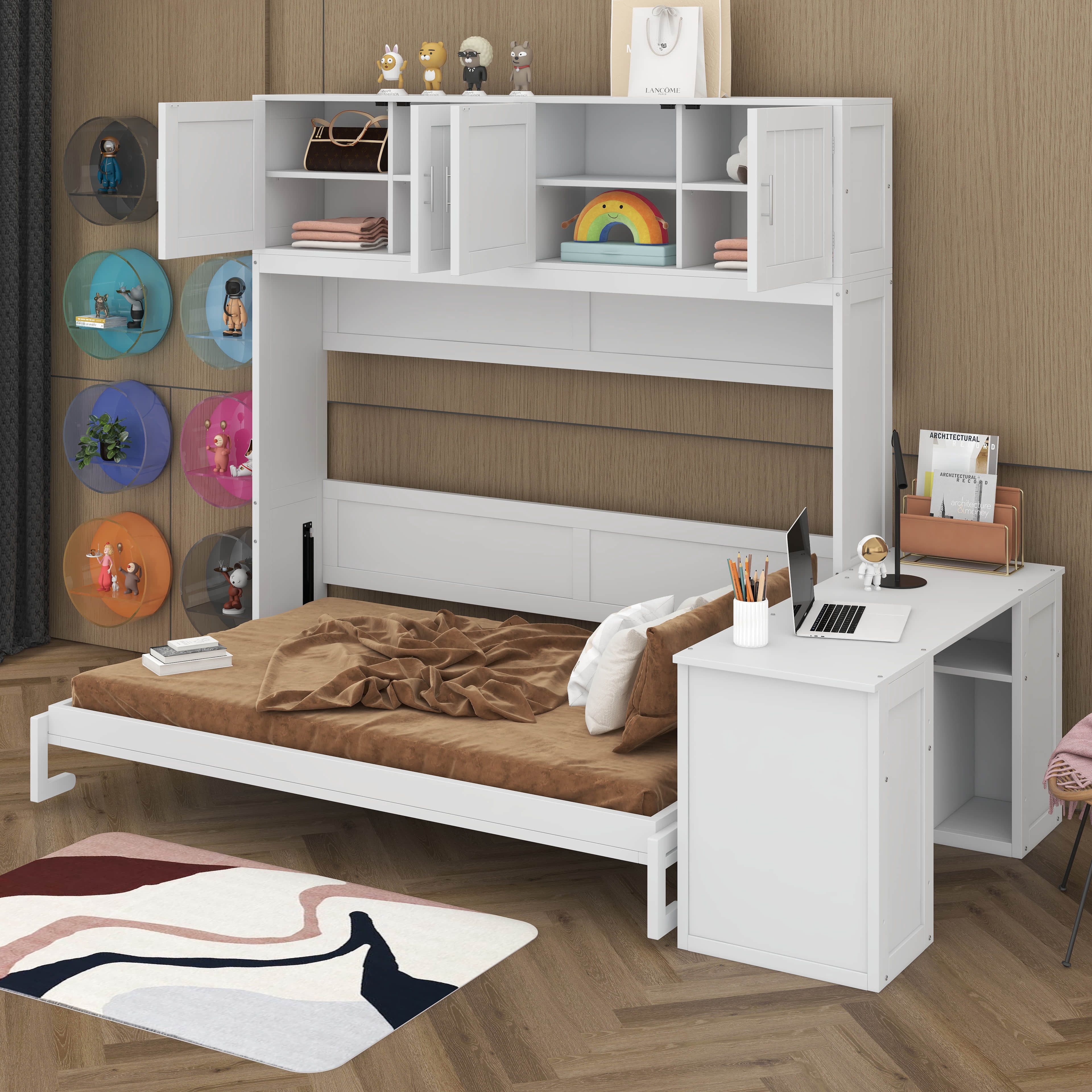 BEBPILOO Queen Size Wall Murphy Bed with Desk and Storage Shelves and Big Cabinets, White