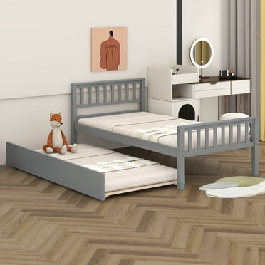 BEBPILOO Twin Bed with Trundle, Platform Bed Frame with Headboard and Footboard, for Bedroom Small Living Space,No Box Spring Needed,Gray