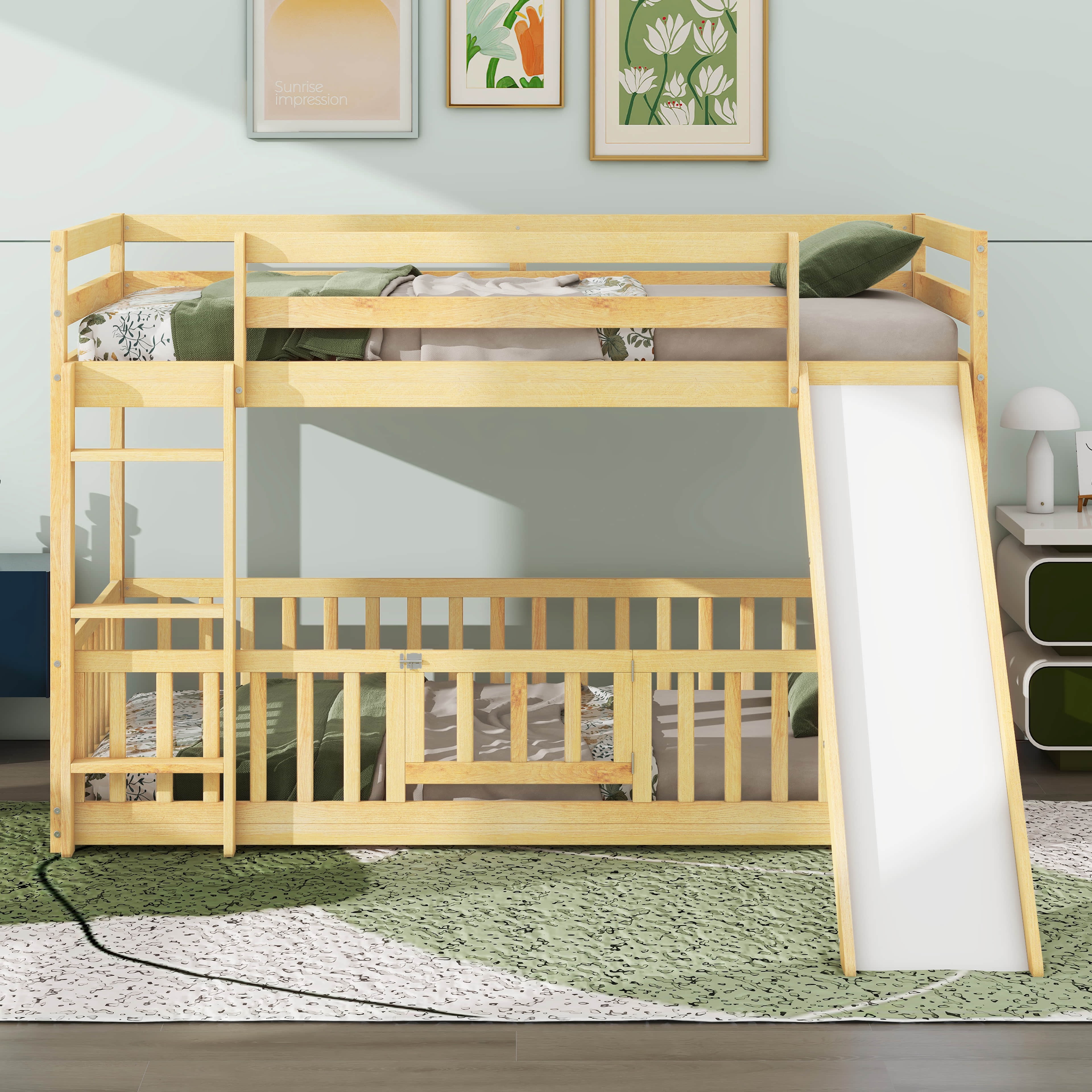 BEBPILOO Twin Over Twin Floor Bunk Bed with Slide, Ladder, Door, Safety ...