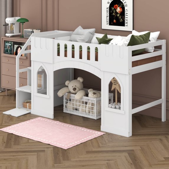 BEBPILOO Twin Size Loft Bed with Storage Staircase and Window, White