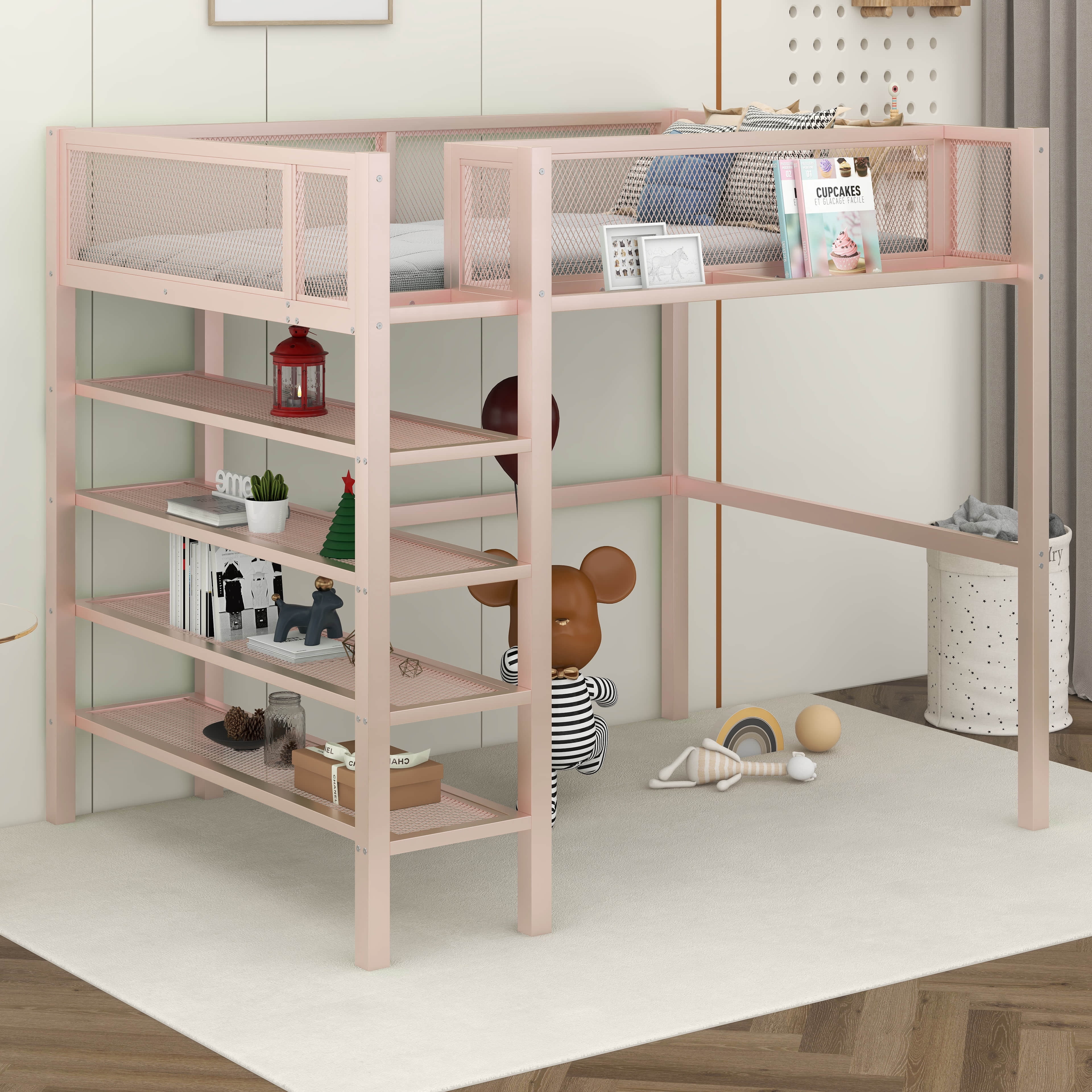 BEBPILOO Twin Size Metal Loft Bed with 4-Tier Shelves and Storage, Pink ...