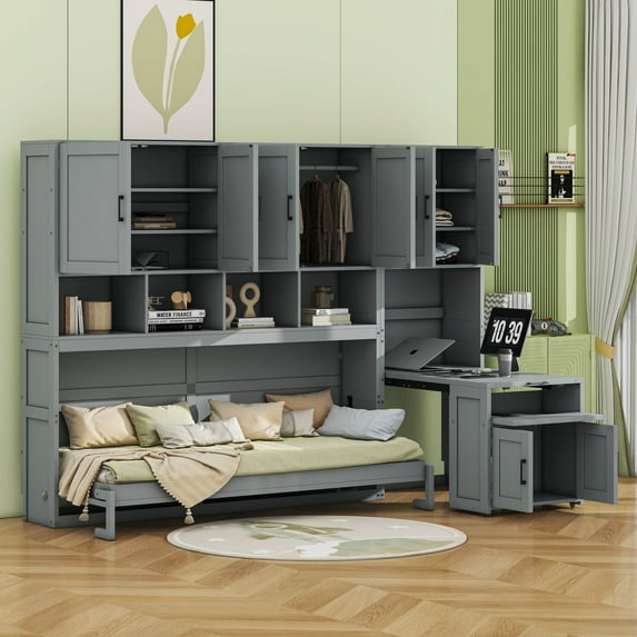BEBPILOO Twin Size Murphy Bed Wall Bed with Closet , Drawers & Desk-Gray