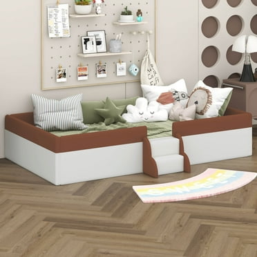 BEBPILOO Twin Size Upholstered Daybed Frame with Fence and Stairs,(BROWN+WHITE)