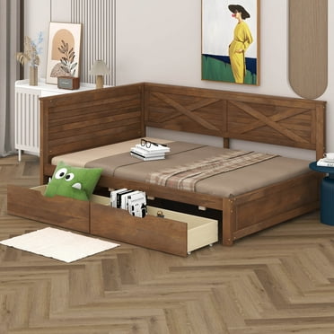 BEBPILOO Twin Size Wood Daybed with 2 Drawers and Rustic Guardrail, Ancient Brown