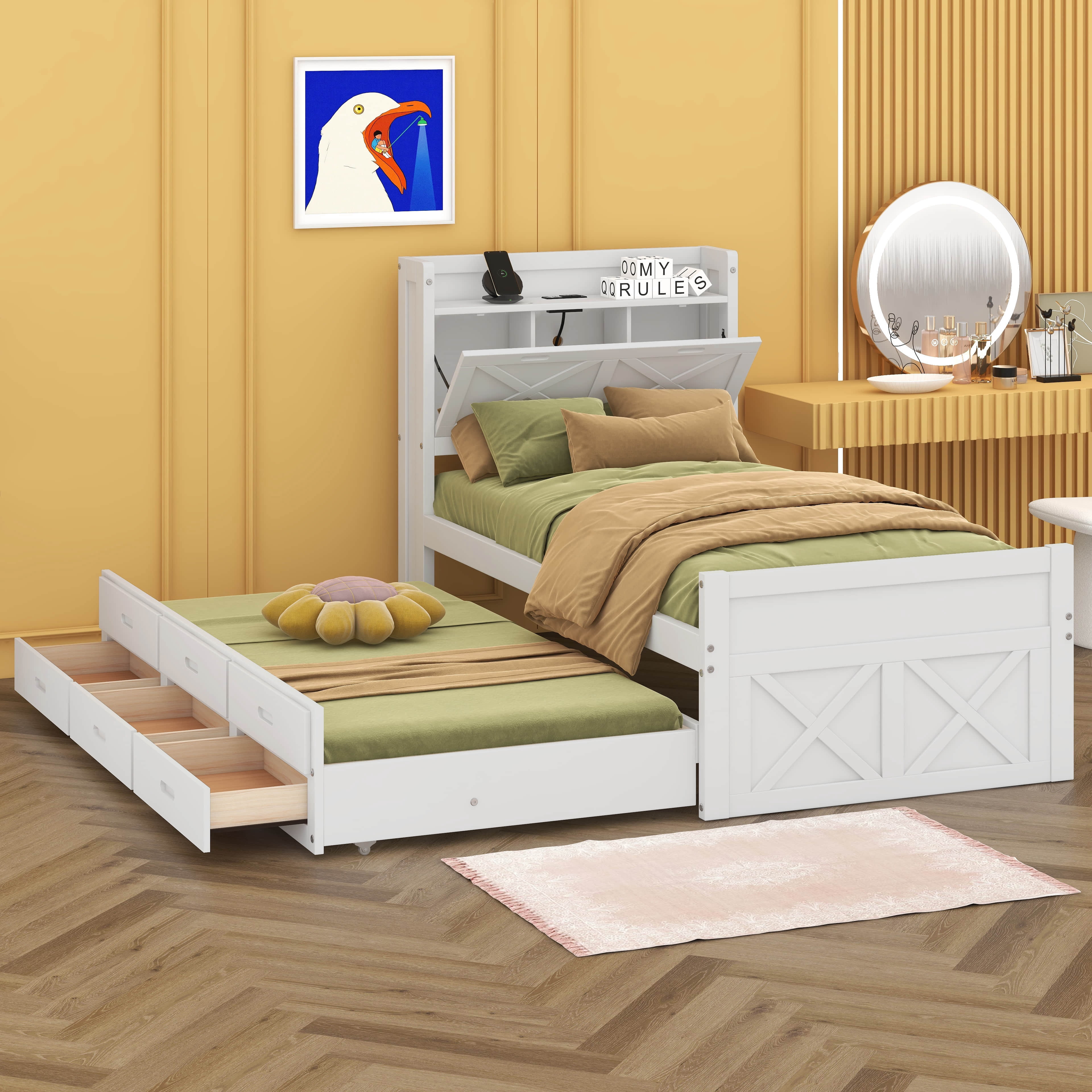 BEBPILOO Twin Size Wooden Bed with Storage Headboard with Outlets ...