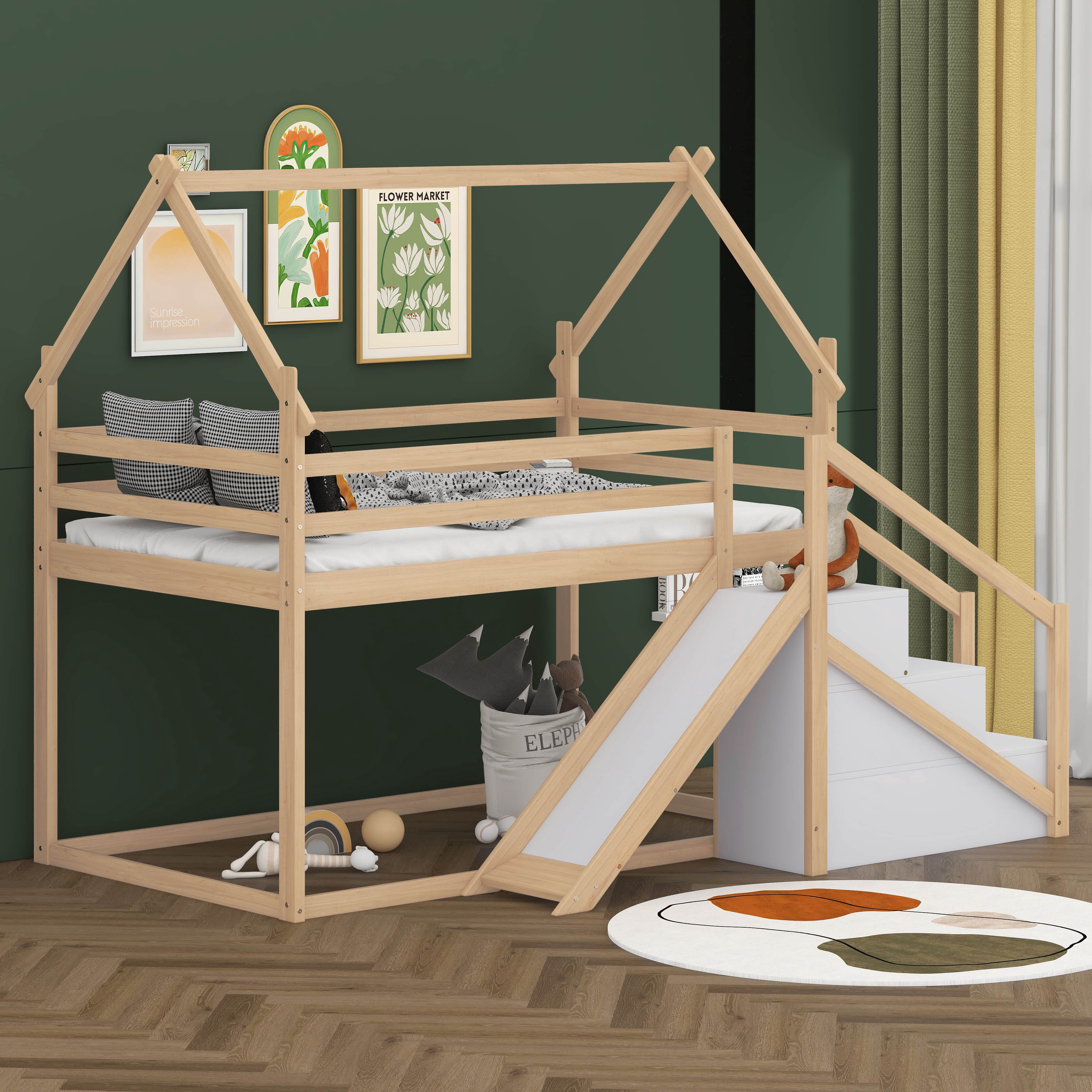 BEBPILOO Twin over Twin House Loft or Bunk Bed with Slide and Staircase ...