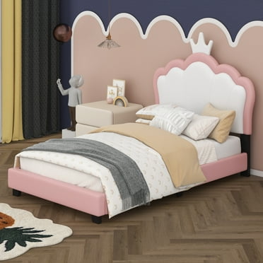 BEBPILOO Twin size Upholstered Princess Bed With Crown Headboard,Twin Size Platform Bed with Headboard and Footboard,White+Pink