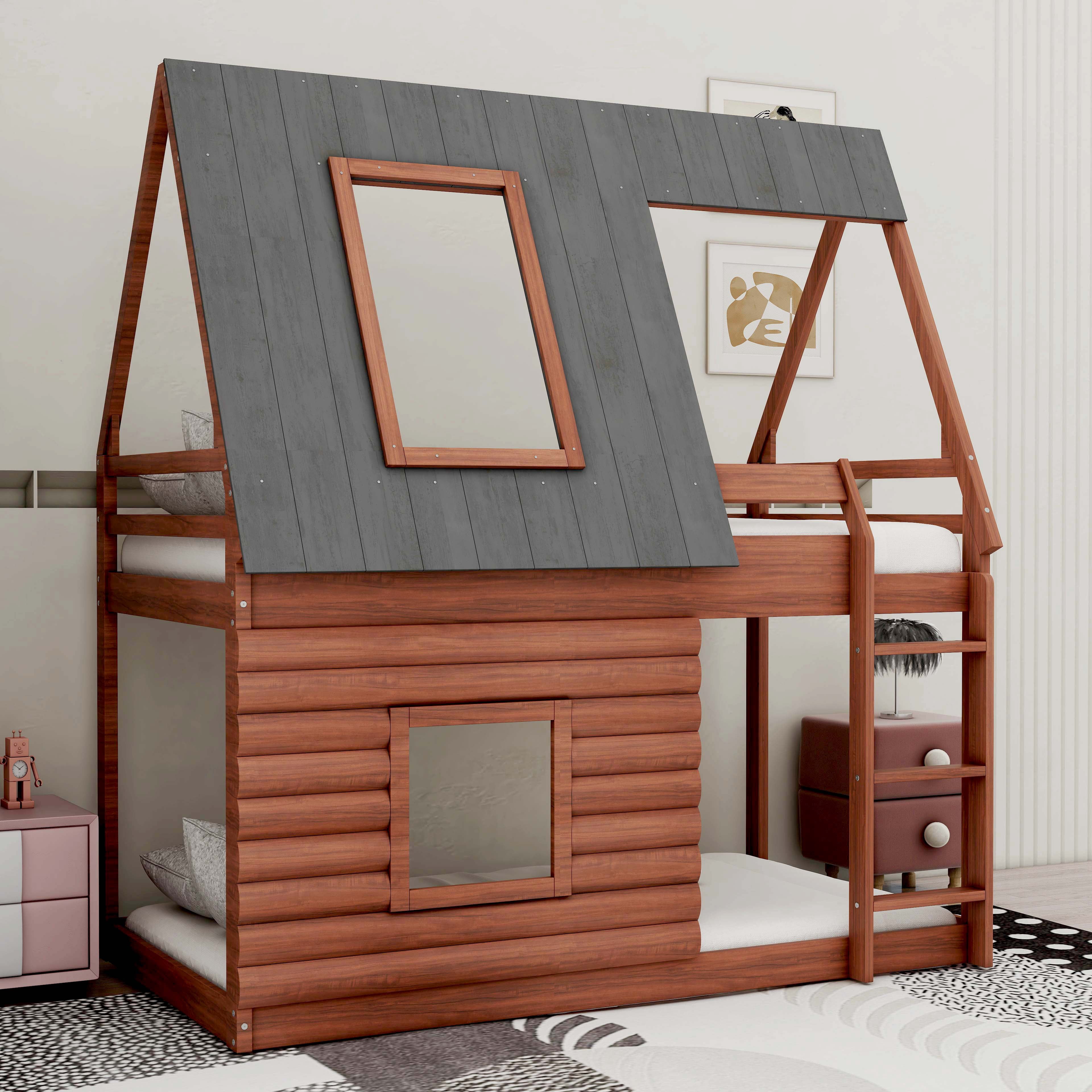BEBPILOO Wood Twin Size House Bunk Bed with Roof, Ladder and 2 Windows ...