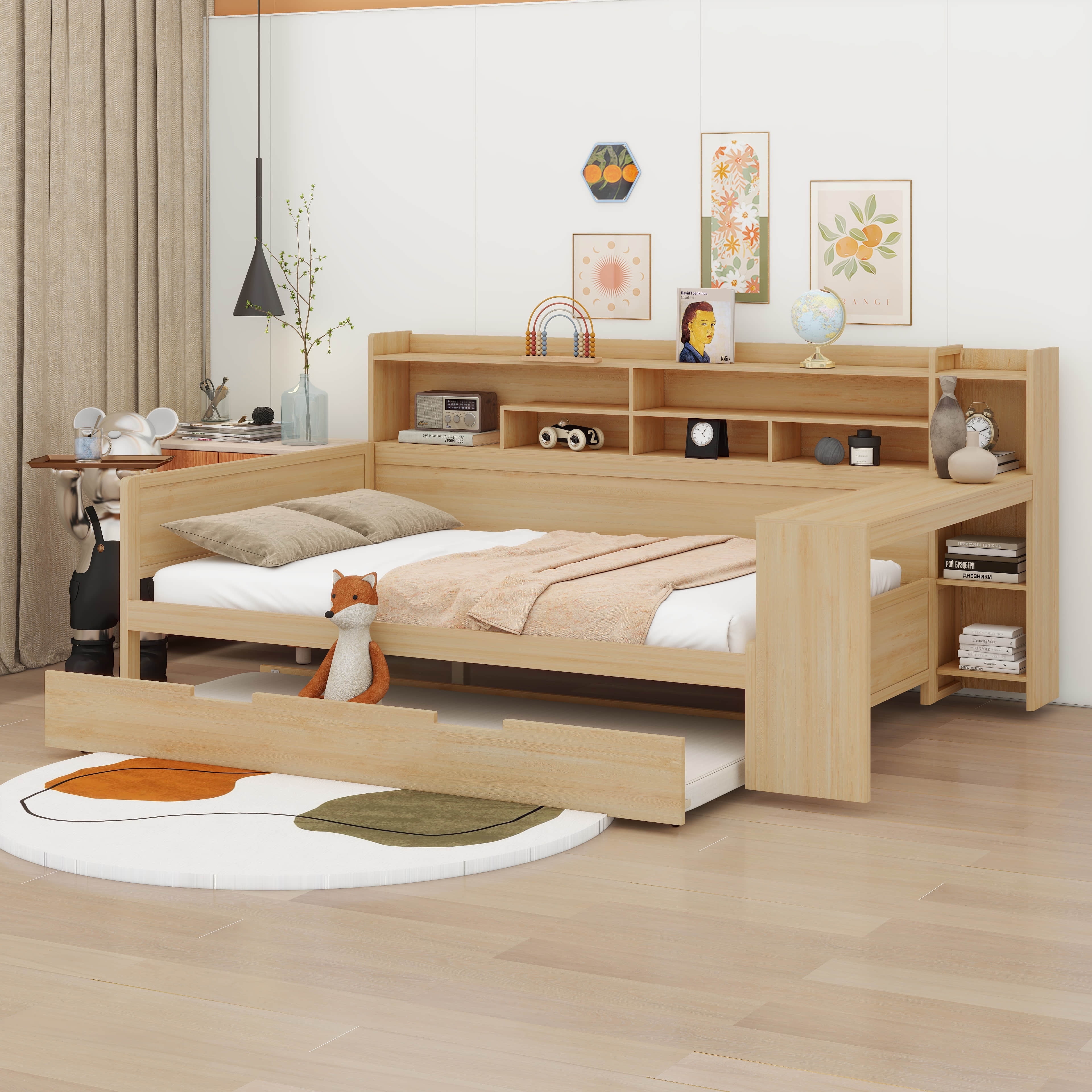 Wooden Full Size Daybed with Storage Shelves, Two Storage Drawers & Study Desk – Multi-functional Bed in Natural Finish (Old SKU: HL000089AAM)