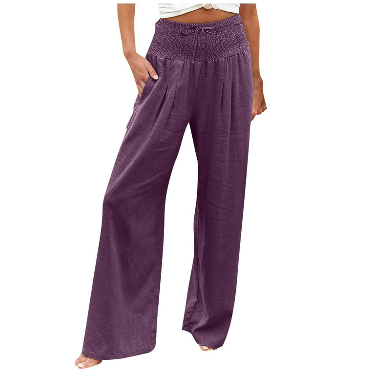 BEBUTTON Women's 2023 Summer Casual Linen Pants Loose Wide Leg High Waisted  Pockets Trousers Purple M 
