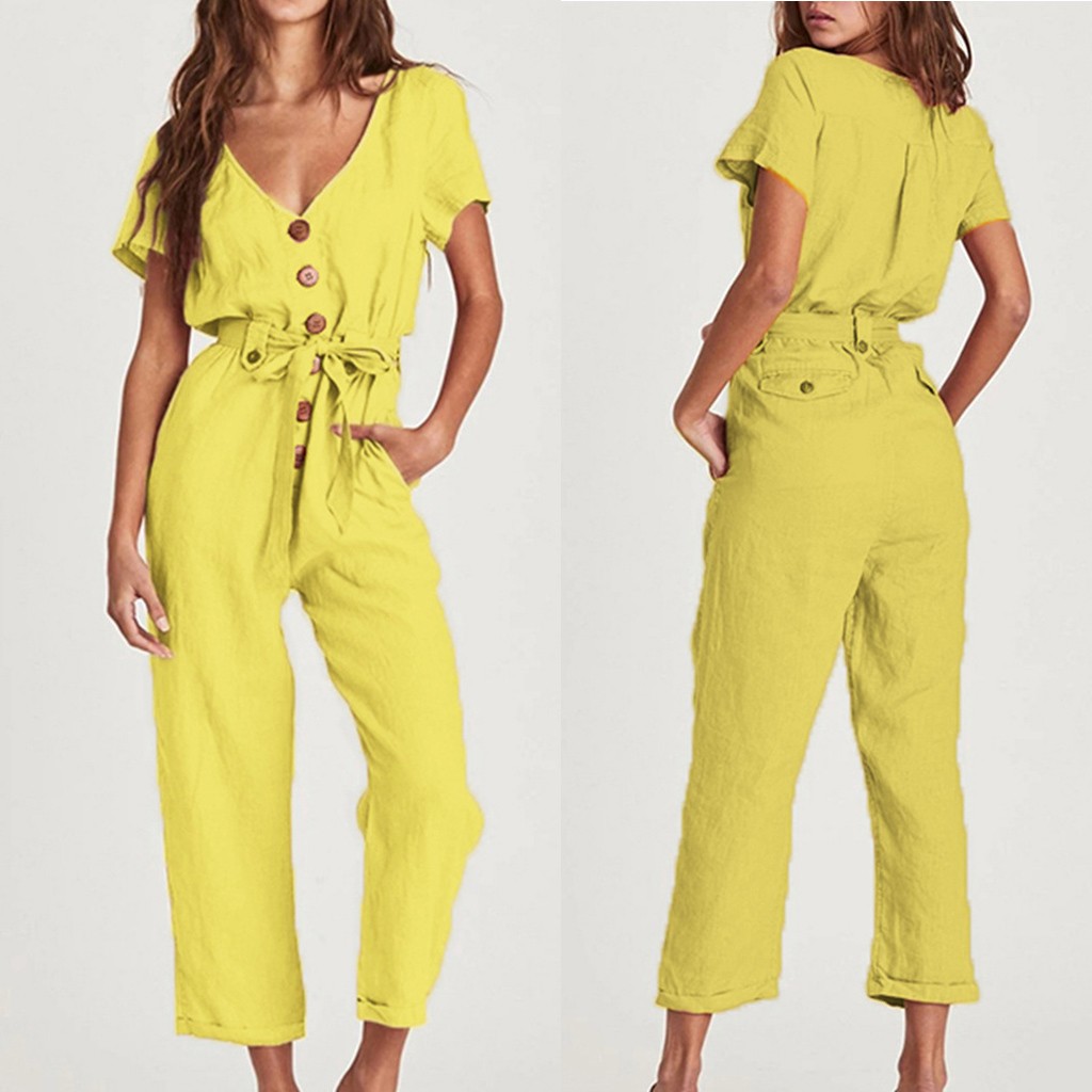 BEBUTTON Women's Summer Natural V Neck Short Sleeve Jumpsuit Belt Long