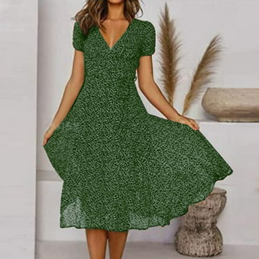 BEBUTTON Womens Summer Casual Loose Floral Printed Ruffle Dresses V-Neck Short Sleeve Midi Flowy Dresses Green 3XL