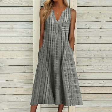 BEBUTTON Womens Summer Casual Loose Plaid Sundress V-Neck Sleeveless Maxi Flowy Dresses with Pocket Gray S