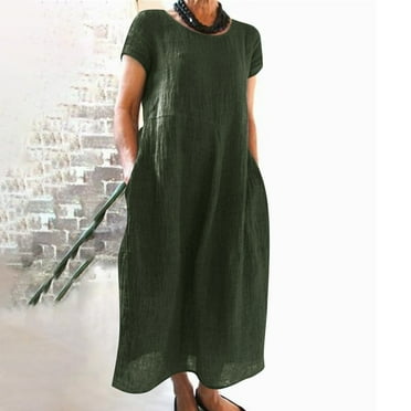 BEBUTTON Womens Summer Casual Loose Solid A-Line Dresses O-Neck Short Sleeve Maxi Swing Dresses with Pocket Army Green 3XL