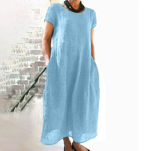 BEBUTTON Womens Summer Casual Loose Solid Linen Dresses Plus Size Round Neck Short Sleeve Maxi Dresses with Pocket Blue 4XL