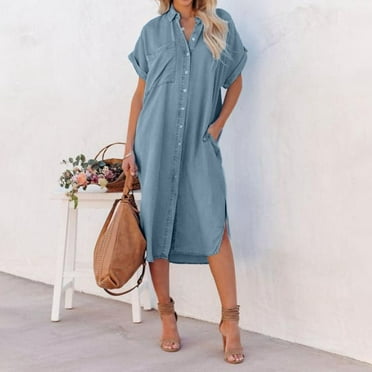 BEBUTTON Womens Summer Casual Loose Solid A-Line Dresses O-Neck Short ...