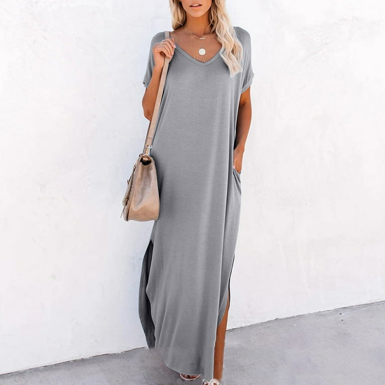 Casual Short sleeve Solid Color V neck Plus size maxi Dresses Casual Short sleeve Solid Color V neck Plus size maxi Dresses