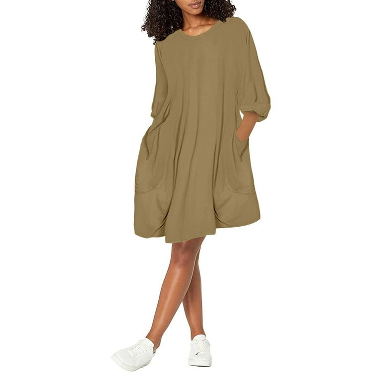 Round Neck Cropped Sleeves Pocket Dress Round Neck Cropped Sleeves Pocket Dress