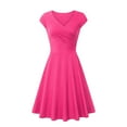 thumbnail image 1 of BEBUTTON Womens Summer Casual Tight Solid A-Line Dresses Elegant V-Neck Midi Puff Sleeve Pleated Dresses Hot Pink XL, 1 of 4