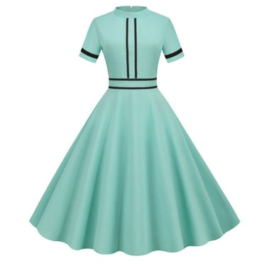 BEBUTTON Womens Summer Elegant Solid A-Line Dresses Party Mock Neck Short Sleeve Midi Pleated Dresses Green 2XL