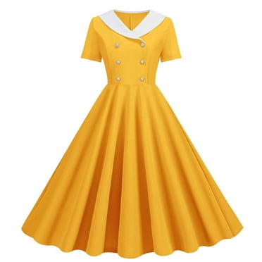 BEBUTTON Womens Summer Elegant Solid Pleated Dresses Retro Lapel Short Sleeve Midi Ruffle Dresses with Button Yellow 2XL