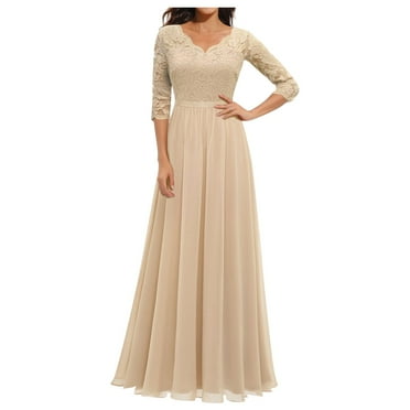 BEBUTTON Womens Summer Formal Elegant Solid A-Line Dresses 3/4 Sleeve V-Neck Maxi Lace Dresses Beige XL