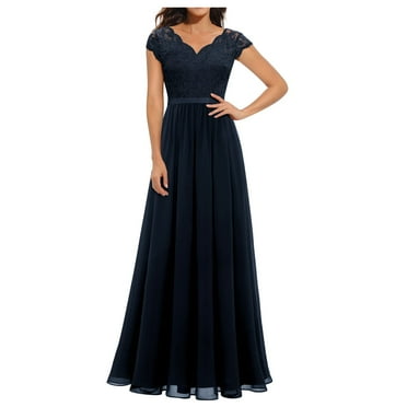 BEBUTTON Womens Summer Formal Elegant Solid A-Line Dresses Short Sleeve V-Neck Maxi Lace Dresses Navy XL
