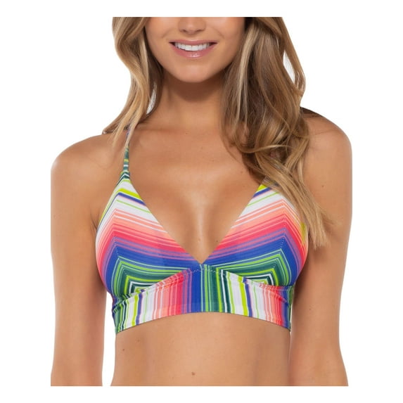 BECCA Women's Multi Color Colorblocked Stripe Stretch Removable Cups Tie Adjustable Deep V Neck Santa Catarina Halter Swimsuit Top M