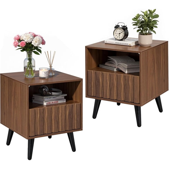 BECHAEO 19.7-Inch Fluted Nightstand Set of 2 with Solid Wood Legs, Mid Century Modern Side Table with Drawers, Modern Walnut Side Table with Open Storage for Living Room, Bedroom, Office, Walnut*2
