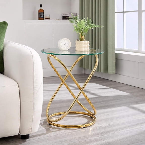 BECHAEO 19.7" Round Glass Gold Side Table with Gold-Plated Metal Ring-Shaped Frame for Living Room, Modern Round Glass End Table Nightstand for Bedroom, Small Side Table for Small Spaces