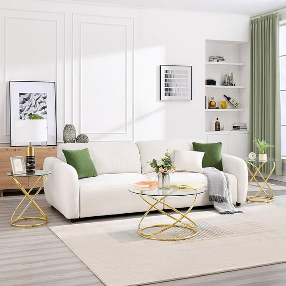 BECHAEO 3 Pieces Round Glass Coffee Side Table with Gold-Plated Oval Frame, Modern Round Glass Table for Living Room (Set of Gold)