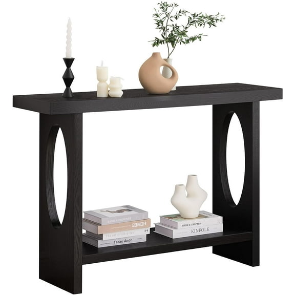 BECHAEO 47-Inch Modern Narrow Console Tables with Solid Wood Veneer - 2’’ Thickened Tabletop, 2-Tier Slim Sofa Table Behind Couch, Rectangle Entryway Table for Hallway Living Room, Black Oak