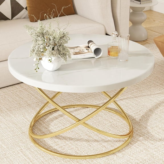 BECHAEO Round Coffee Table for Living Room, 31.5" Exquisite Faux Marble Tabletop Coffee Tables with Golden Frame, Modern Center Table for Bedroom Reception Office