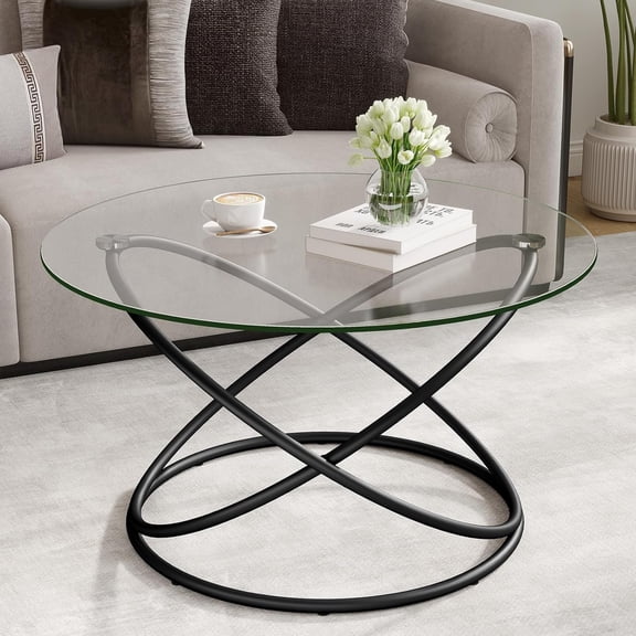 BECHAEO Round Glass Coffee Table for Living Room, 31.5" Circle Coffee Tables with Black Metal Frame, Modern Center Table for Home Office (Black)