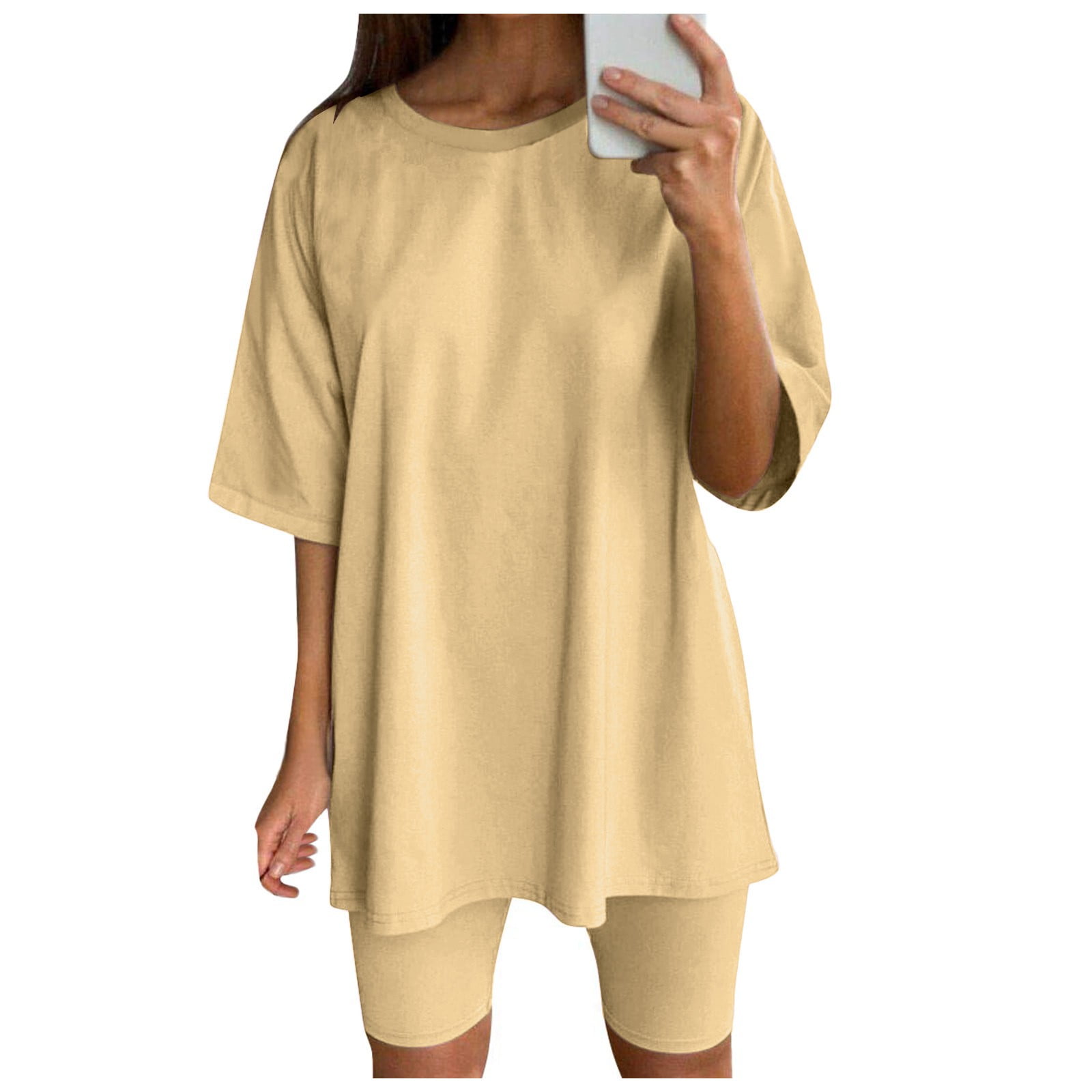 BECLOTH Solid Two Piece Outfits For Womens, Short Sleeve Tops & Short