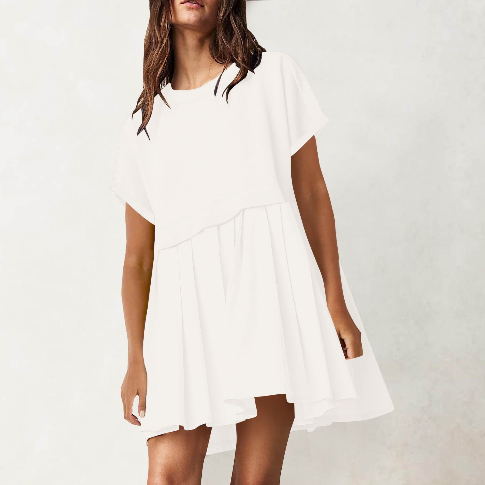 BECLOTH Women Cute Pleated Dresses Patchwork Casual Short Sleeve Tops