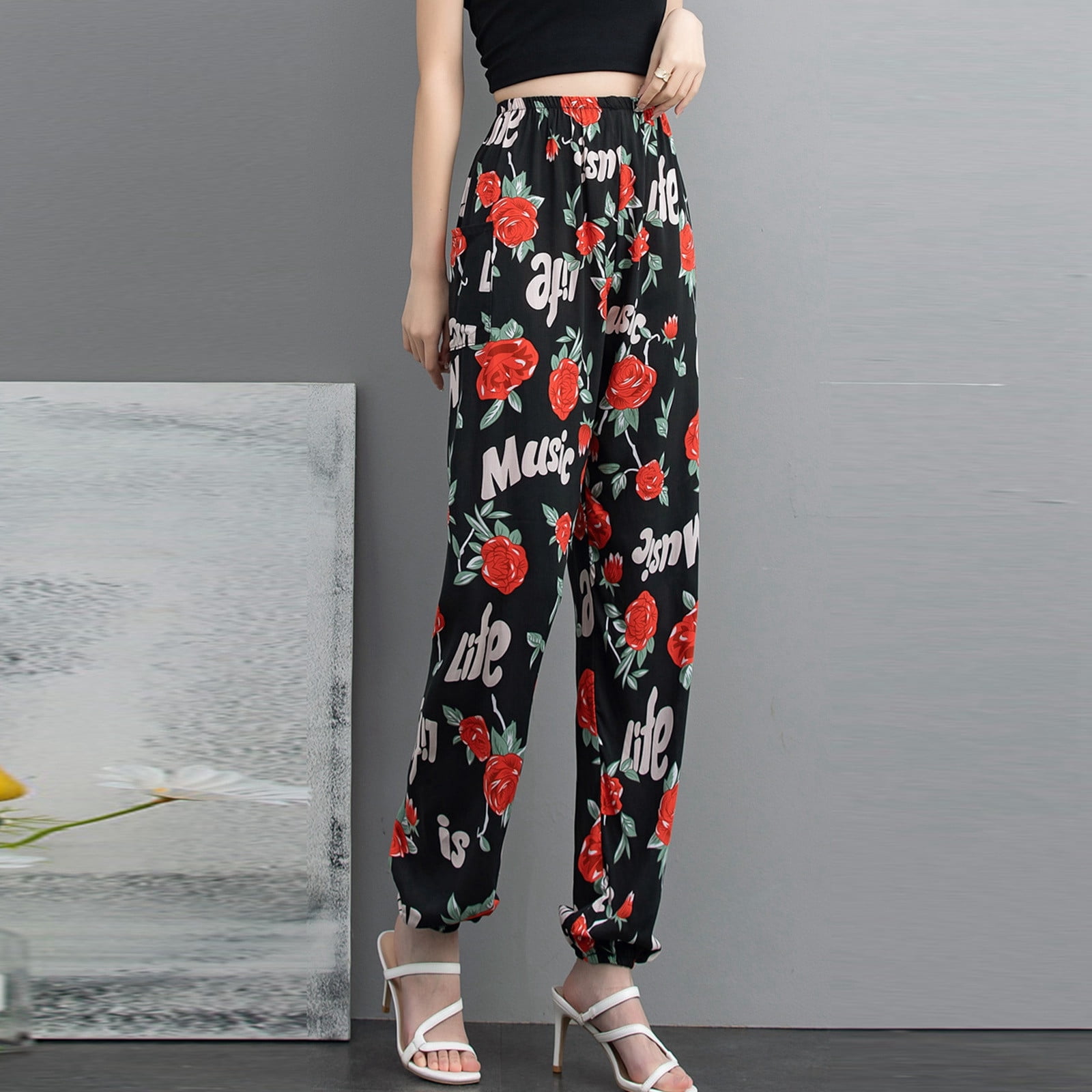 BECLOTH Women's Harem Pants With Pockets High Waist Boho Pants Trousers