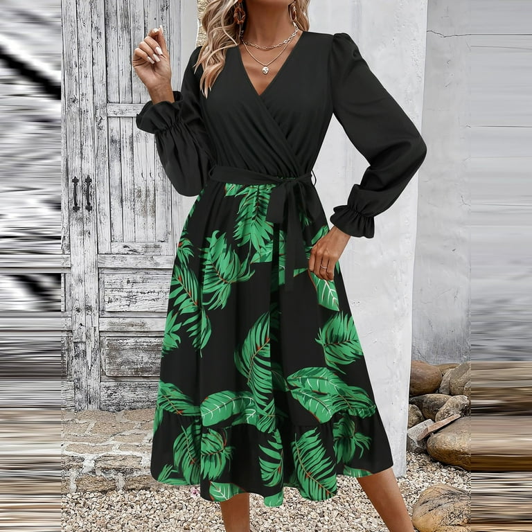 BECLOTH Women s New V Neck Long Sleeve Dress Print Patchwork Dress Long A Line Skirt Green L Walmart