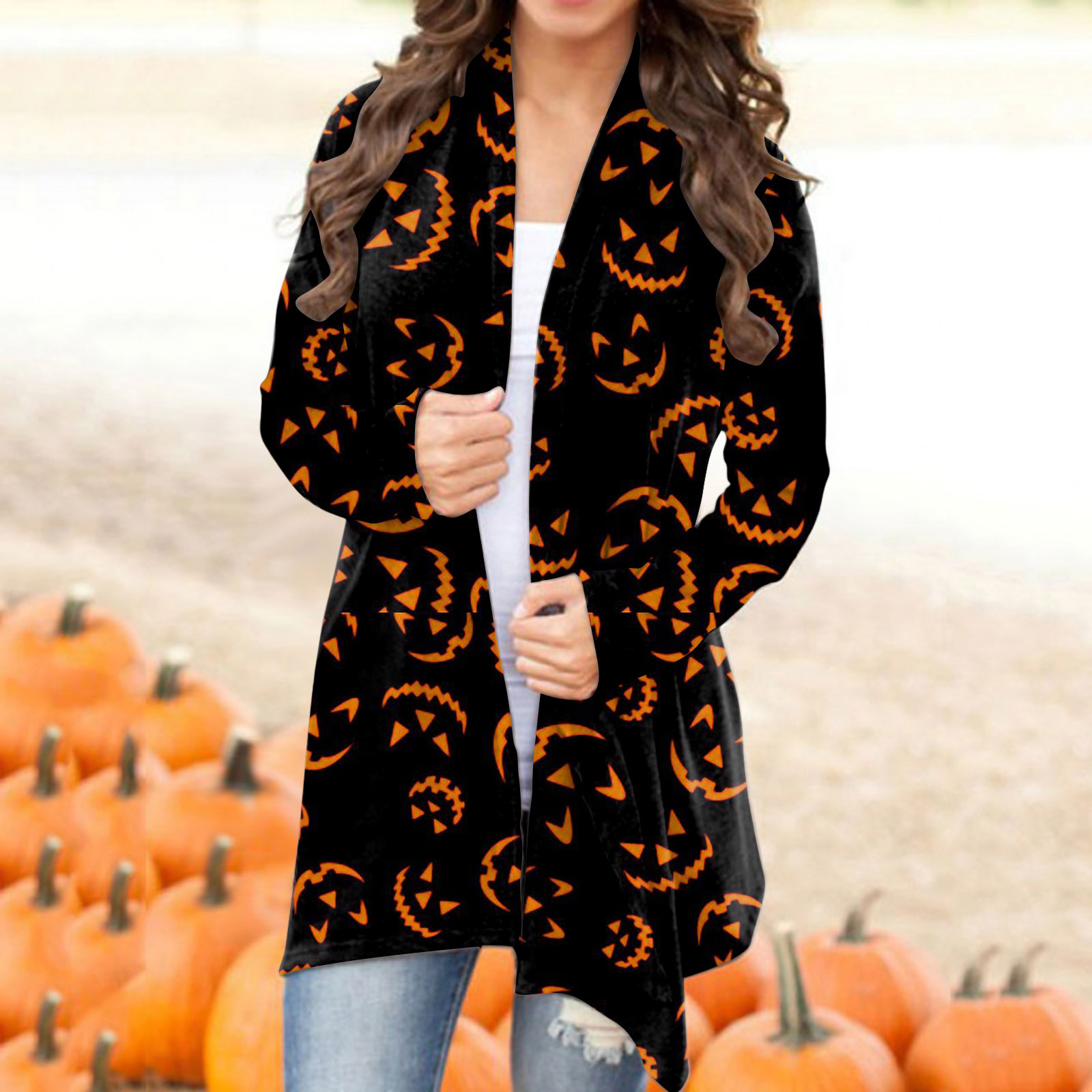 BECLOTH Womens Halloween Cardigan Pumpkin Cat Print Long Sleeve Open
